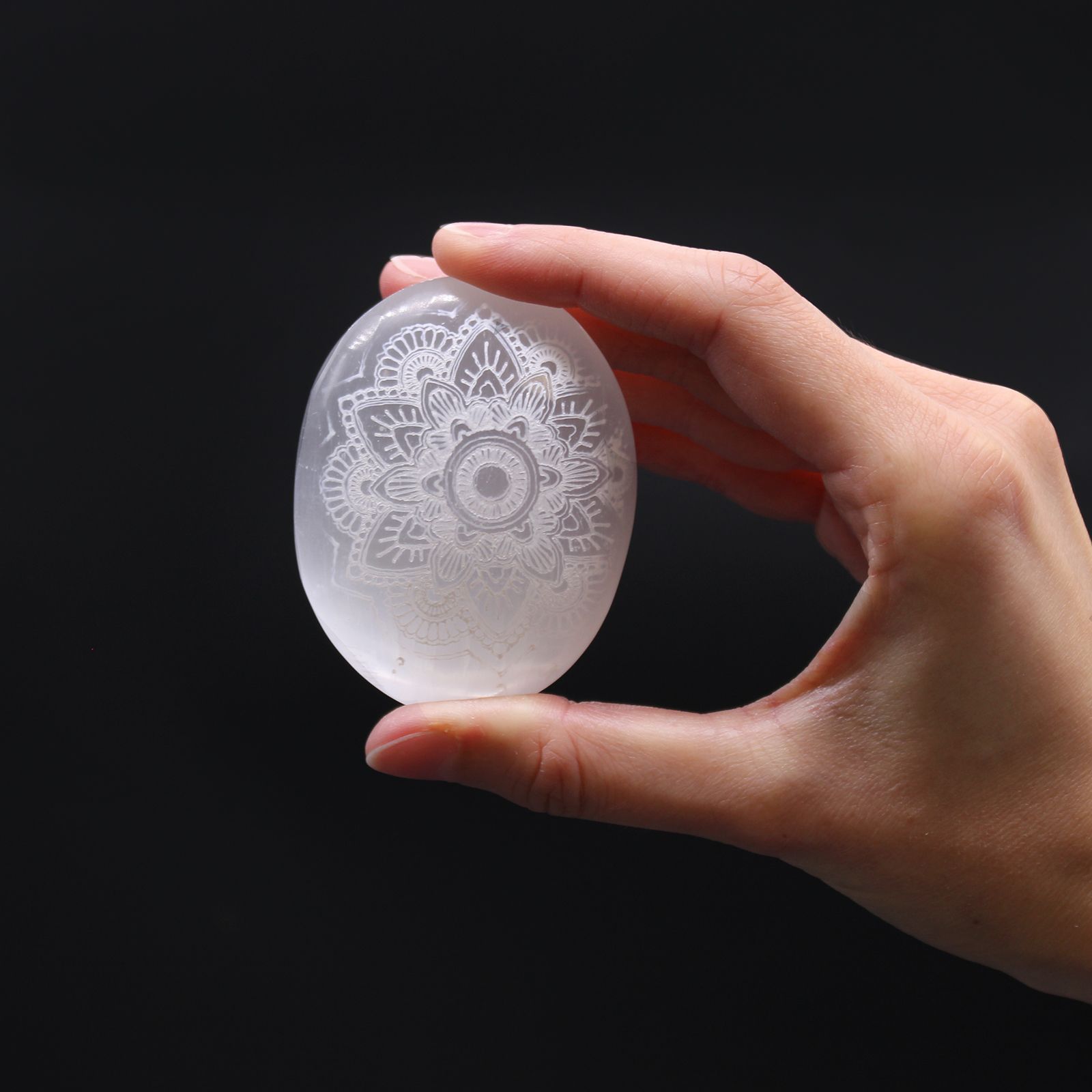 Selenite Palm Stone - Mandala Engraved - Image 3