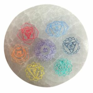 8cm Small Selenite Charging Plate - Colour Chakra Design