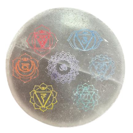 Medium Selenite Charging Plate 10cm - Colour Chakra Design - Image 3